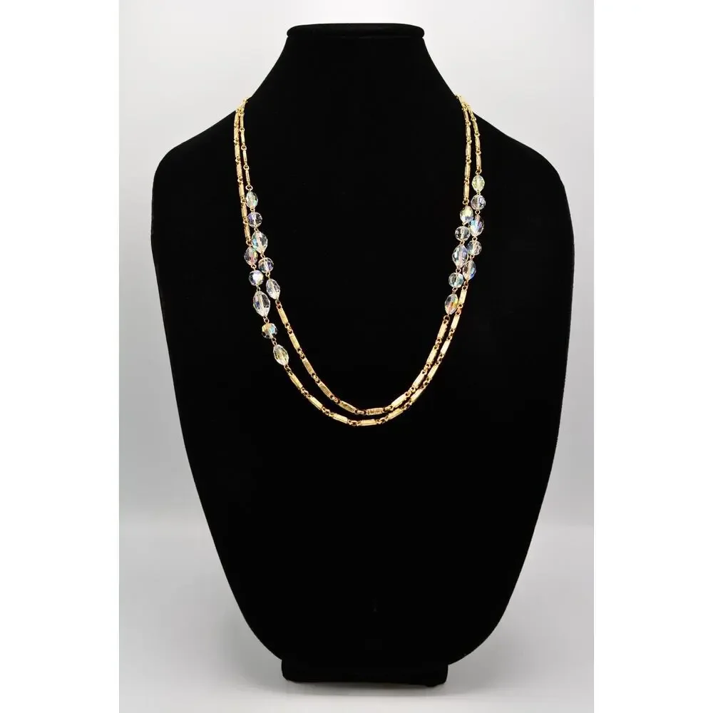 Vintage Crystal Necklace Gold Tone Chain Aurora Borealis Glass Long Sparkling 9J